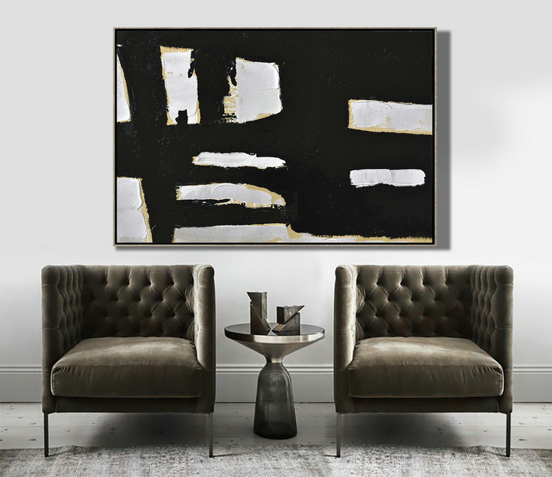 Hand Painted Aclylic Painting On Canvas,Horizontal Palette Knife Minimal Canvas Art Painting Black White Beige - Modern Art Abstract Painting